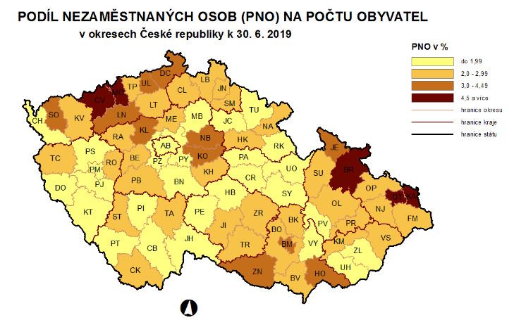 Míra nezaměstnanosti podle okresů v červnu 2019