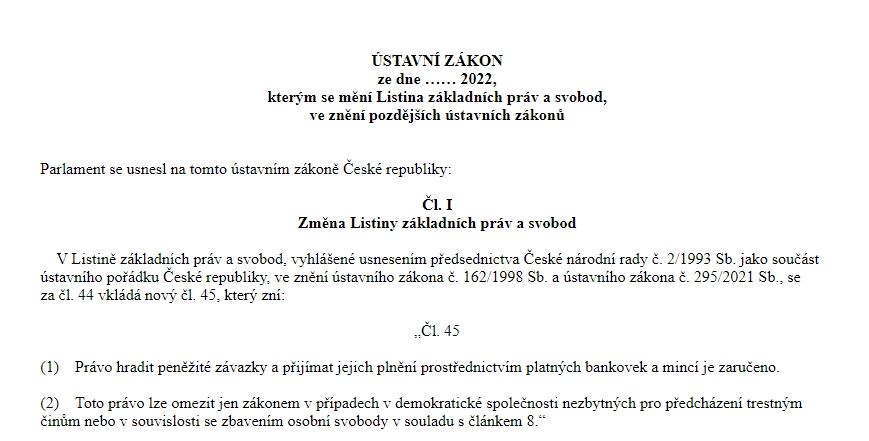 Návrh ústavního zákona o povinné akceptaci hotovosti, předložený senátu Jitkou Chalánkovou a dalšími senátory TOP 09 a ODS