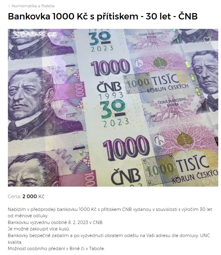 Překupník 100 Kč s přítiskem Sbazar