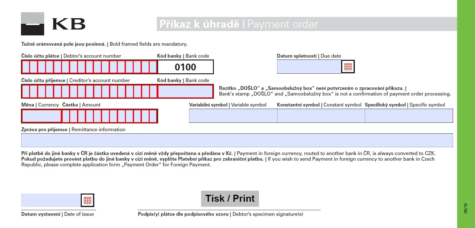 Komerční banka platební příkaz k úhradě formulář papírový tiskopis