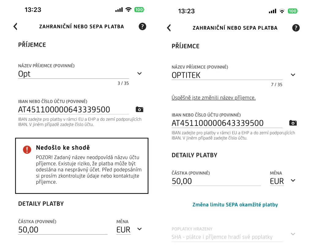 ověření příjemce UniCredit Bank