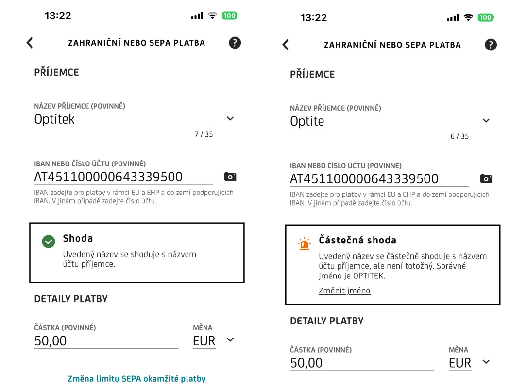 ověření příjemce UniCredit Bank