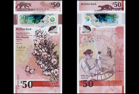 Libra šterlinků, bankovka 50 GBP z Ulster Bank