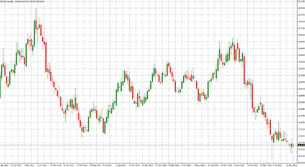 Měnový pár USD/CZK na W1 grafu