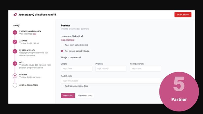 Žádost o jednorázový příspěvek na dítě: údaje o partnerovi žadatele
